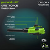 Greenworks BL60L03 60V Pro 750 CFM Air Blower