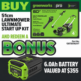 Greenworks LMC420 60V 51cm Lawnmower Ultimate Start Up Kit [1307307AUVT]